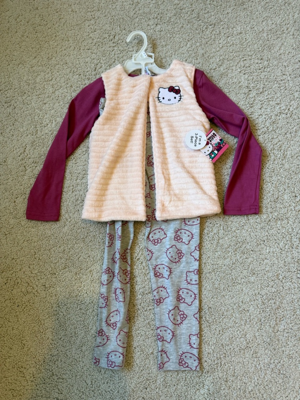 Hello Kitty Girls' 3 piece set with Pink Fleece Vest, Long-Sleeve shirt, pants